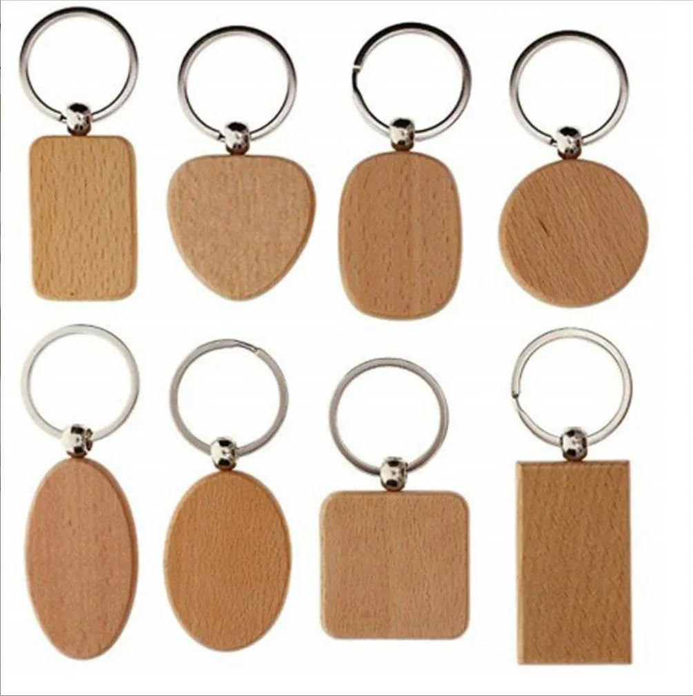 50 Stuks Blanco Sleutelhanger Natuurlijke Hout Rechthoekige Ronde Hart Sleutel Tag Graveren Craft Diy Kid Verf Kunst Cadeaus Voor Familie vrienden