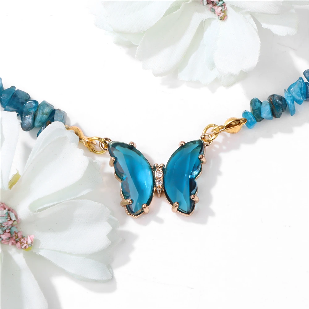 Trendy Colorful Butterfly Necklace Natural Tiger Quartzs Beaded Pendant Necklaces Party Jewelry for Women Girls Friendship Gift