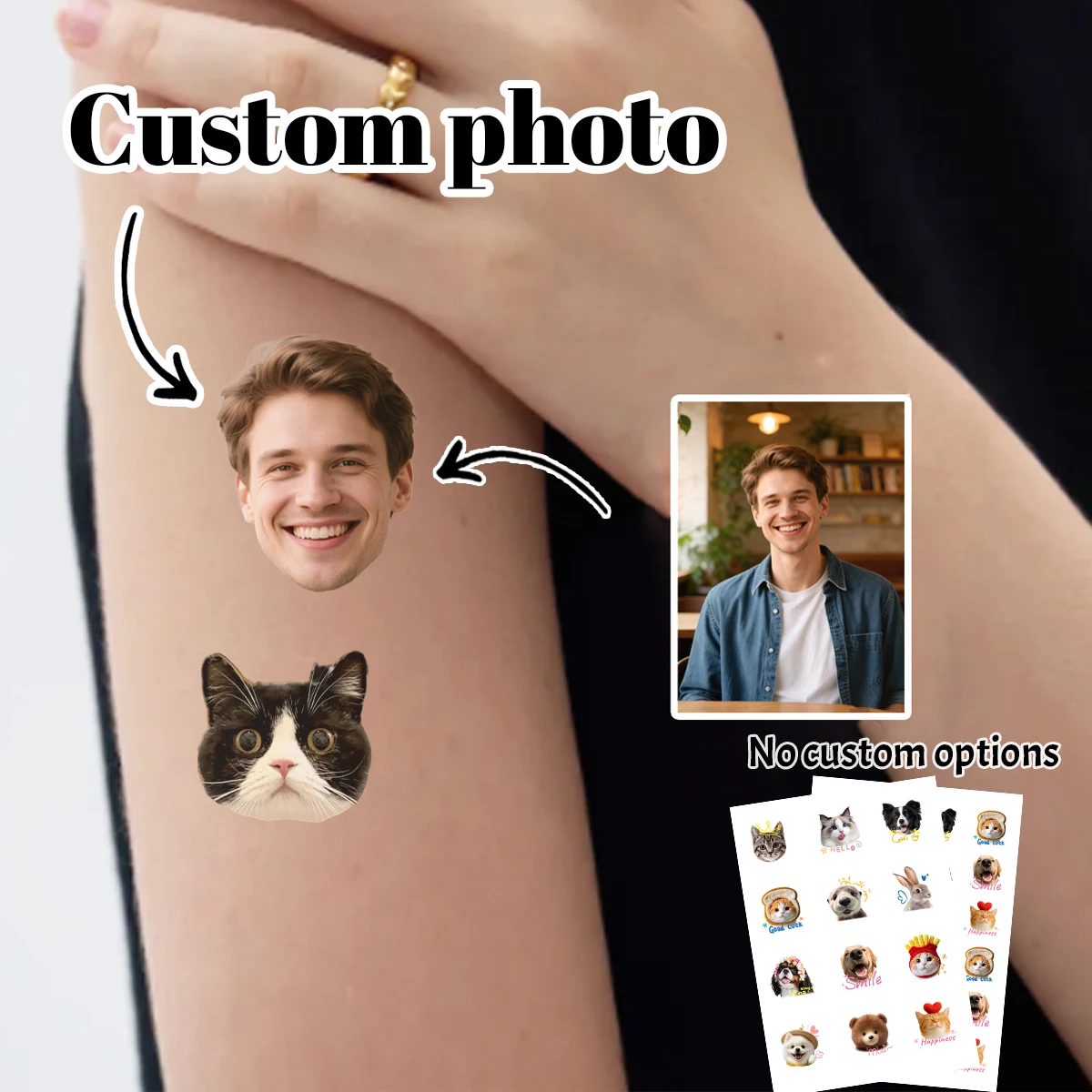 Personalized Tattoo Stickers With Pet Photo, Customizable Family Photos Tattoo Stickers, 2 Sizes: S/M, Valentine's Day Gifts,