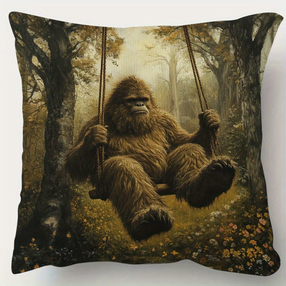 Funny Sasquatch on Secret Swing Double-Sided Pillowcase, Big Foot Nature Pattern Cushion Cover with Zipper, Washable Decor