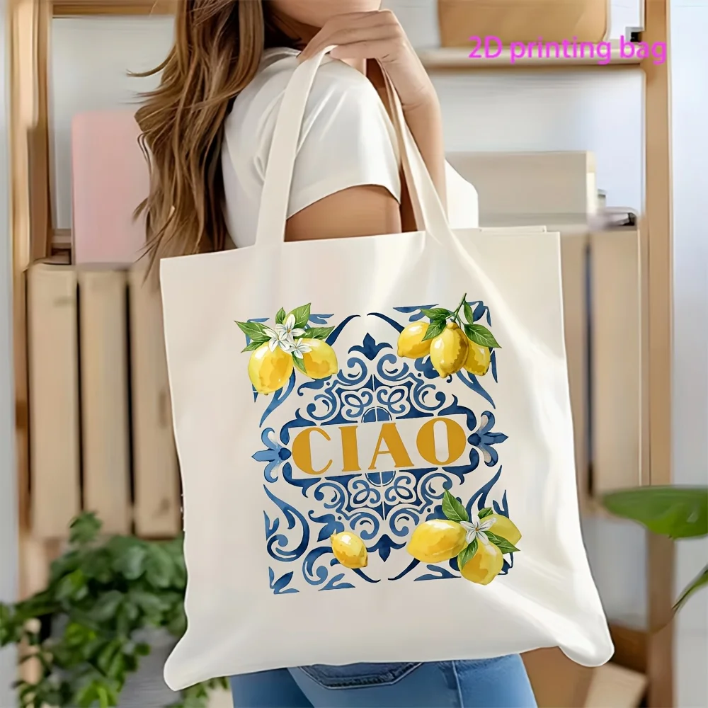 Lemon Tile Print Tote Bag Ciao Mediterranean Lemon Blue Tile Suitable for Gift Picnic Grocery Shopping Canvas Bag Large Capacity