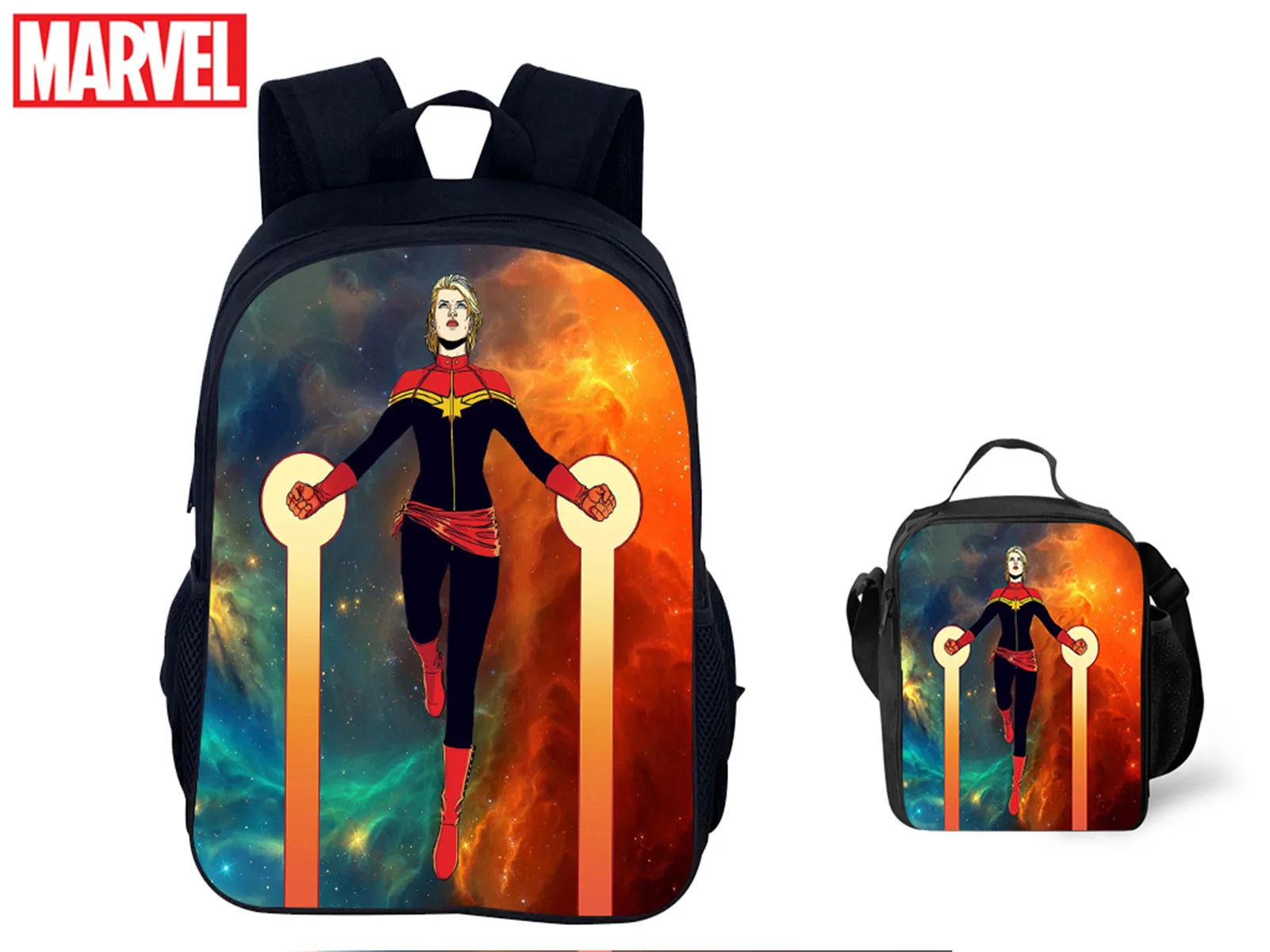 HOT Captain Marvel Student Multifunction Rucksack with Waterproof Thermal Bag 2 in 1 Backpack Set for Unisex Kid