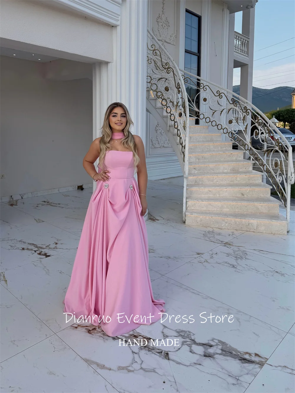 Dianruo – robe De soirée trapèze en Satin, longueur au sol, sans bretelles, robes d'invitées De mariage, rubans chics, personnalisée