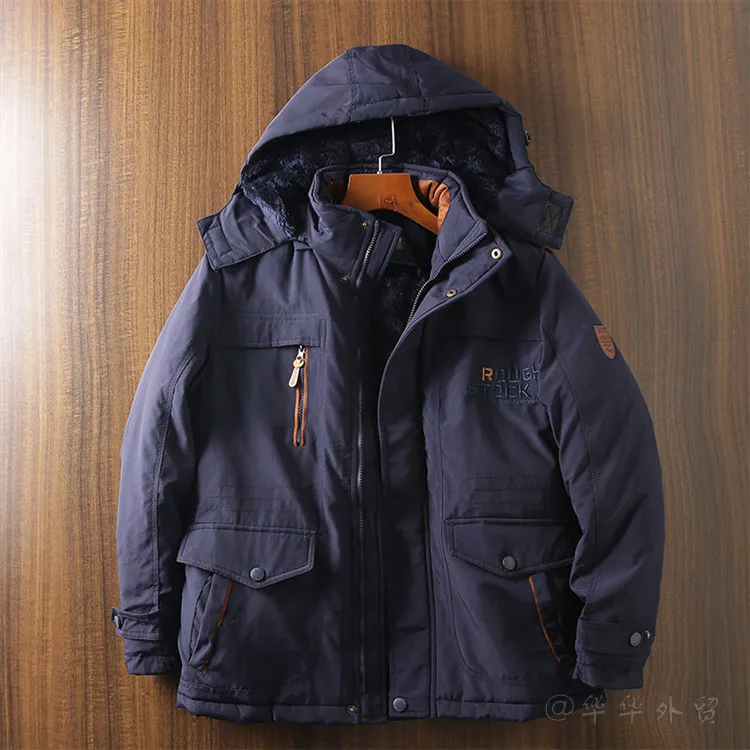 

Winter Vintage Parkas Men Long Sleeve Zipper Hooded Jacket Autumn Stitching Drawstring Jacket Pocket New Men Plush Thick Jacket