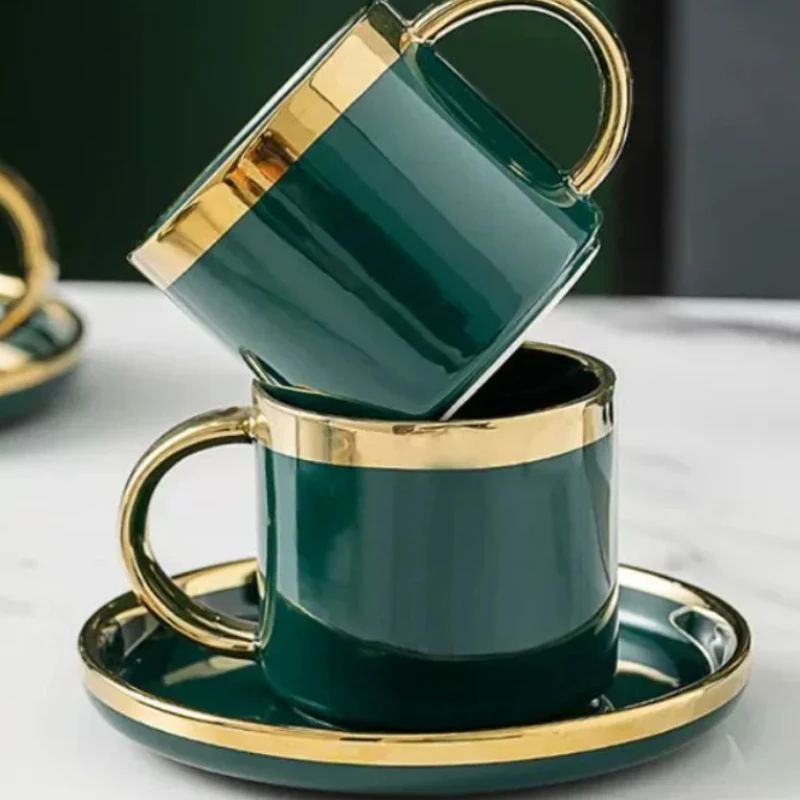 Green Coffee Cup Set with Spoon, Dim Sum Dish, Afternoon Tea, Black Tea Cup, Handle Mug, Household Tea Set