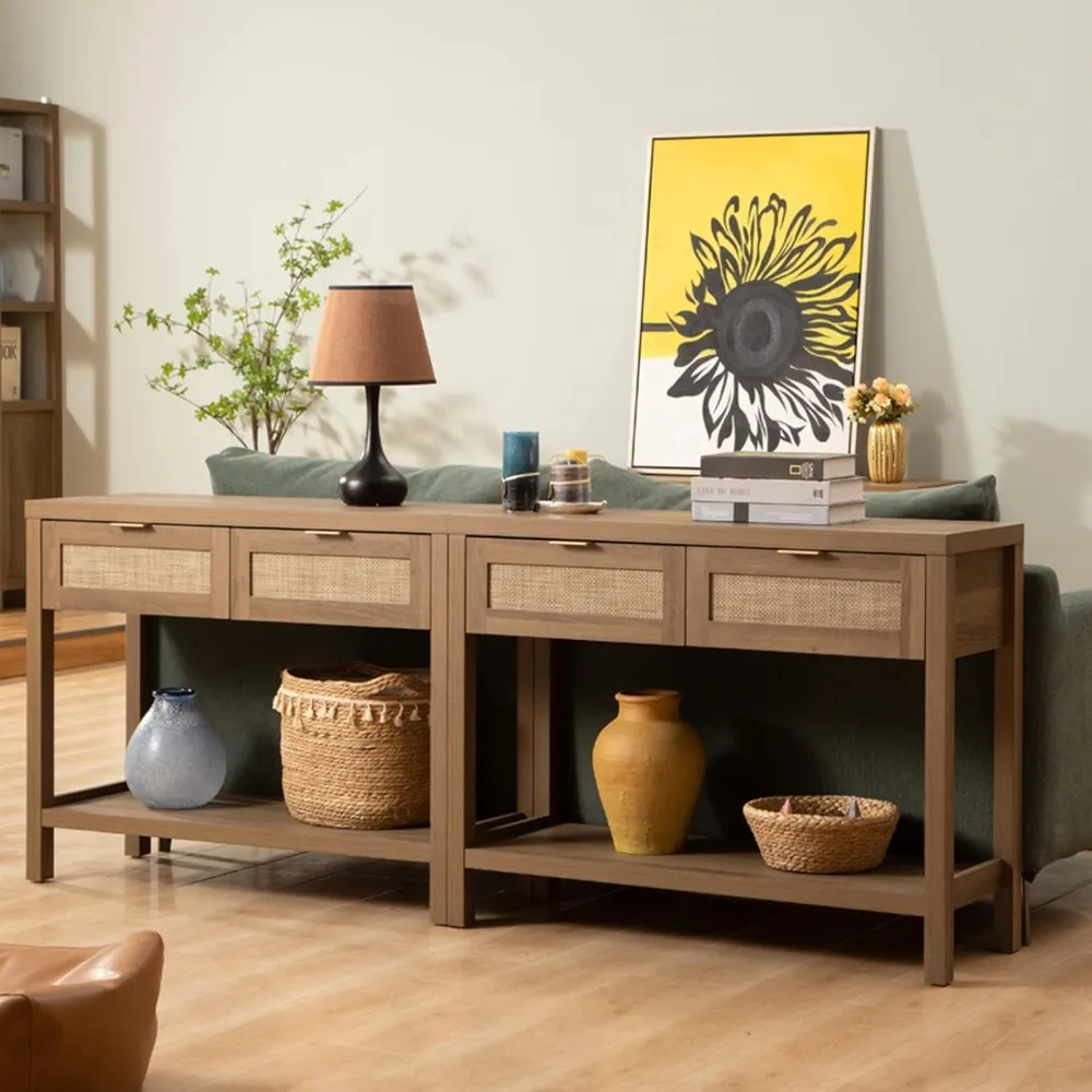 Console Table Set of 2 - Boho Entryway Table with Rattan Drawers, 2 Tier Shelf, Narrow Long Sofa Tables for Living Room