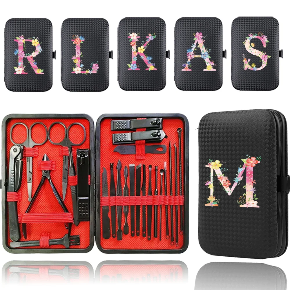 24Pcs Stainless Steel Manicure Tool Nail Clippers Set Portable Pedicure Kit Organizer Pocket PU Folding Bag Pink Letter Pattern