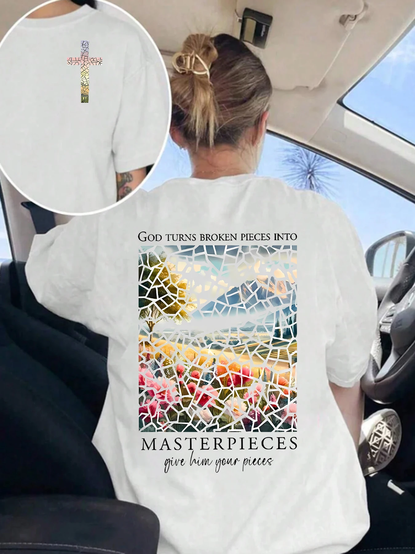 

Tree Flower Mountain Plus size women's round neck short sleeve T-shirt with elastic half sleeves and trendy prints