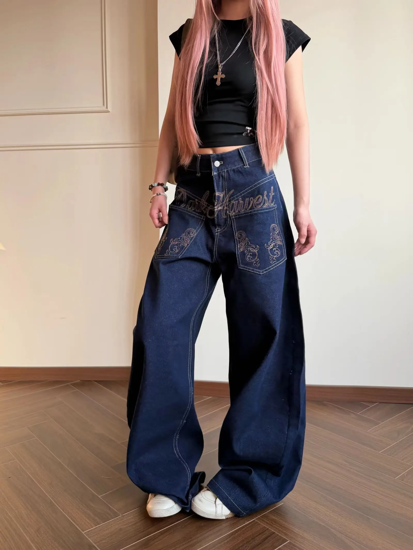 Sweet Cool Spicy Girl American Style Embroidered Knife  Jeans Women Summer Design Loose Slim Wide Leg Floor Length Pants