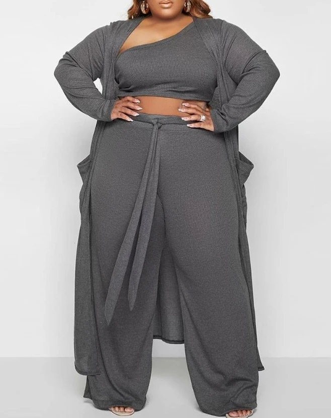 Women's New Hot Selling Fashion 2023 Plus Size Off Shoulder Umbilical Top and Drawstring Pants Paired with Long Coat