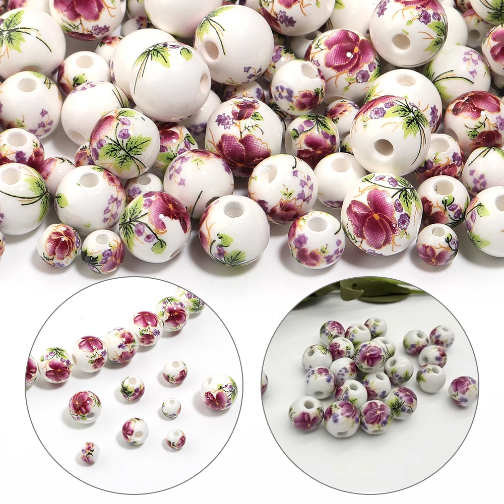 20-30pcs Round 6mm 8mm 10mm 12mm Flower Patterns Ceramic Porcelain Loose Spacer Beads For Jewelry Making DIY Bracelets Findings view 4