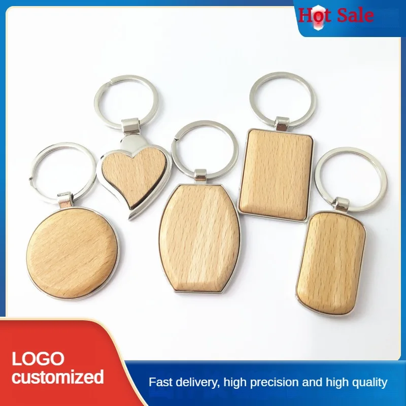 Solid Wood Beech Key Chains Metal Laser Engraving Customizable UV Logo Wooden Keychains Car Exhibition Souvenirs Keyrings Gift