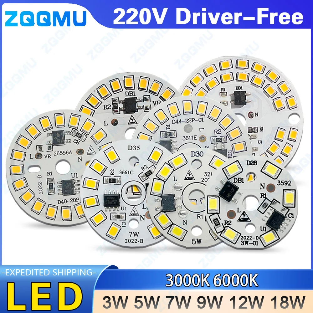 1 buah AC 220V bebas pengemudi papan PCB bohlam lampu LED bohlam cahaya bulat 3W 5W 7W 9W 12W 15W 18W putih dan hangat SMD 2835