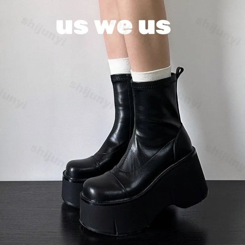 Frauen Stiefeletten High Heels Plattform 2025, Herbst Keile Goth Schuhe Mode Punk Zipper Frauen Leder Chunky Pumps Botas Mujer