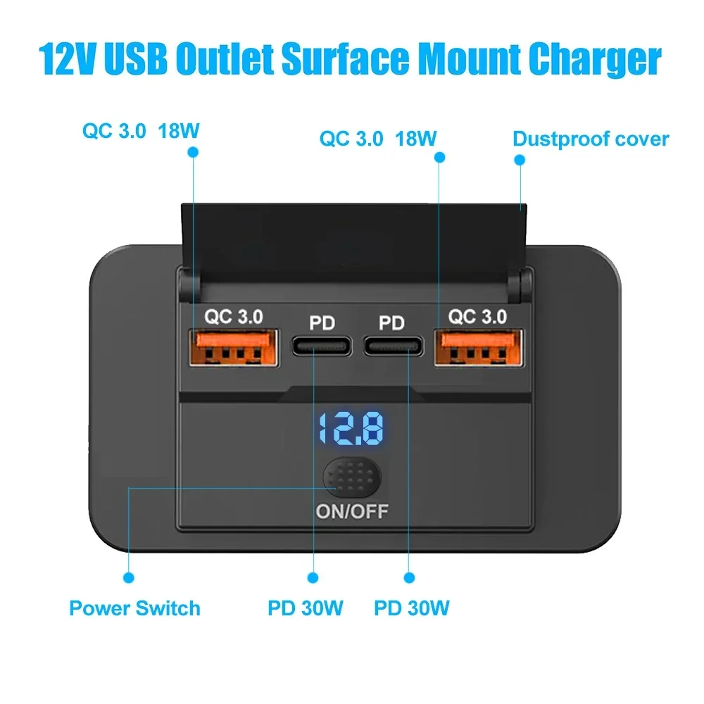 Car Charger Socket Adapter with Switch, 4-Ports Charging Splitter, Outlet for Bus, RV, ATV,Truck,Boat,Outlet,12V,24V, PD,QC3.0