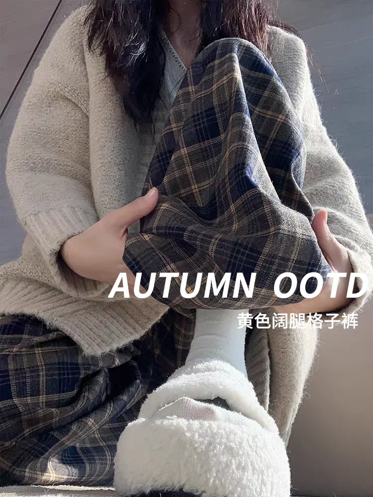 Damskie spodnie w kratę w stylu retro z szerokimi nogawkami, luźne, proste, w stylu koreańskim, codzienne, jesienno-zimowe, nowa moda studencka.
