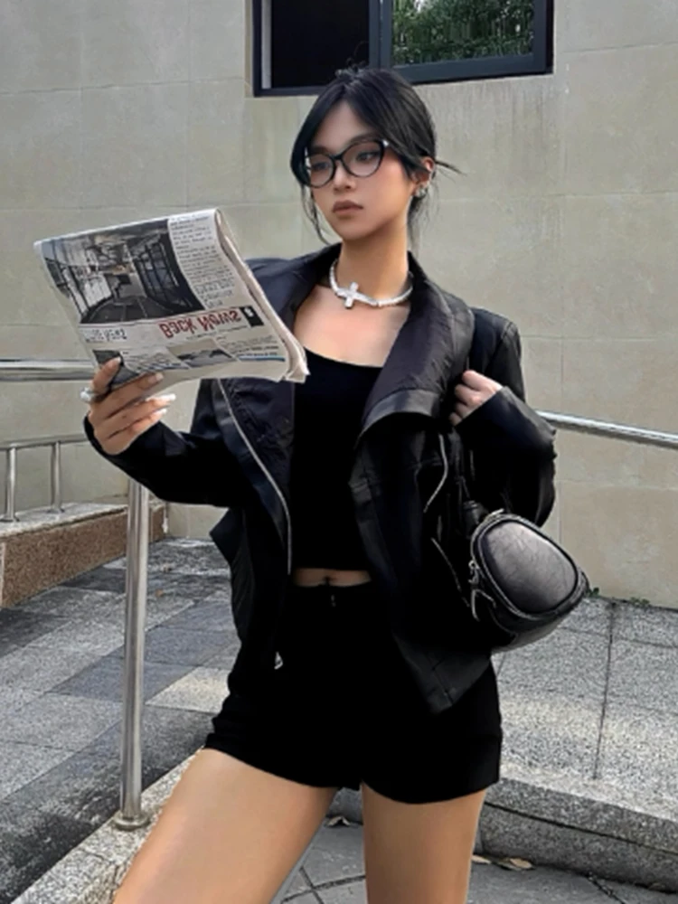 معطف نسائي كاجوال من American Retro Biker Jaet مصنوع من جلد البولي يوريثان، معطف نسائي بياقة واقفة، قميص أنيق لشخصيات صغيرة