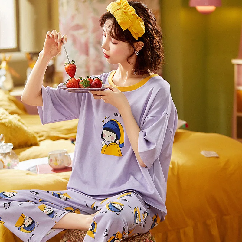 

Пижамные комплекты женские с круглым вырезом и коротким рукавом с героями мультфильмов, летние брюки в полный рост, свободная домашняя одежда в корейском стиле, одежда для сна для подростков, 2 шт. Mujer
