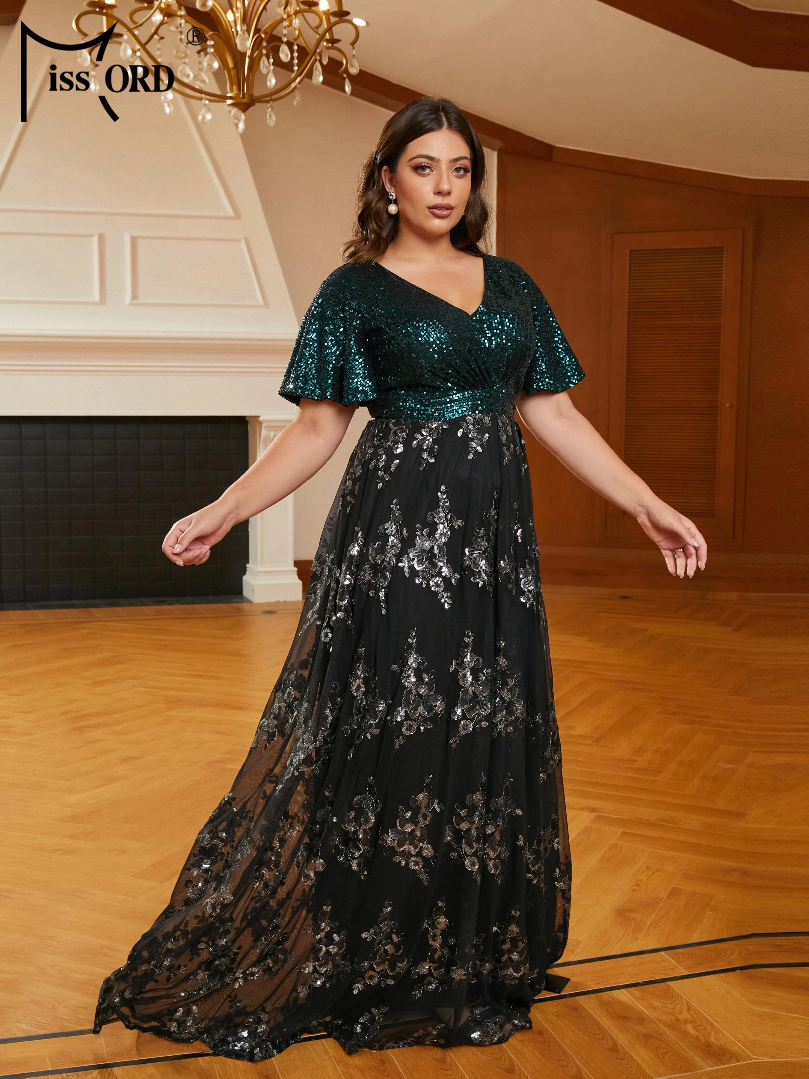 Missord New Plus Size Chic Elegant Woman Dress Panel Sequin Black Short Sleeve  A-line Prom Evening Formal Occasion Dresses