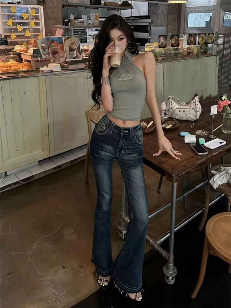 

American Retro Low Waist Bell Bottom Jeans Women's Spring Wash Slim Fit Elastic Tall Extended Frayed Floor Length Pants