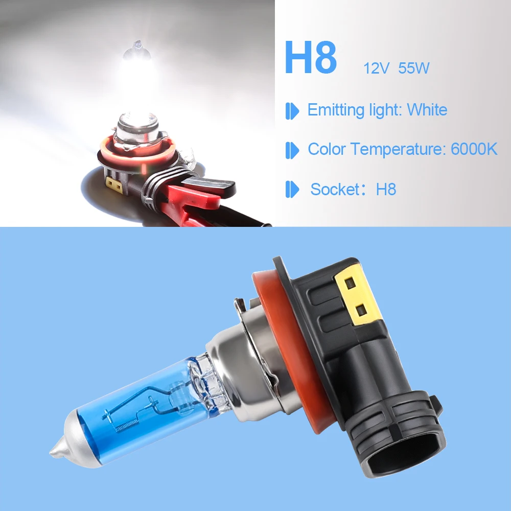 2Pcs H8 H9 H11 55W 65W 12V Halogen Bulbs Super White Fog Lights High Power Car Headlights Lamp Car Light Source parking 6000K