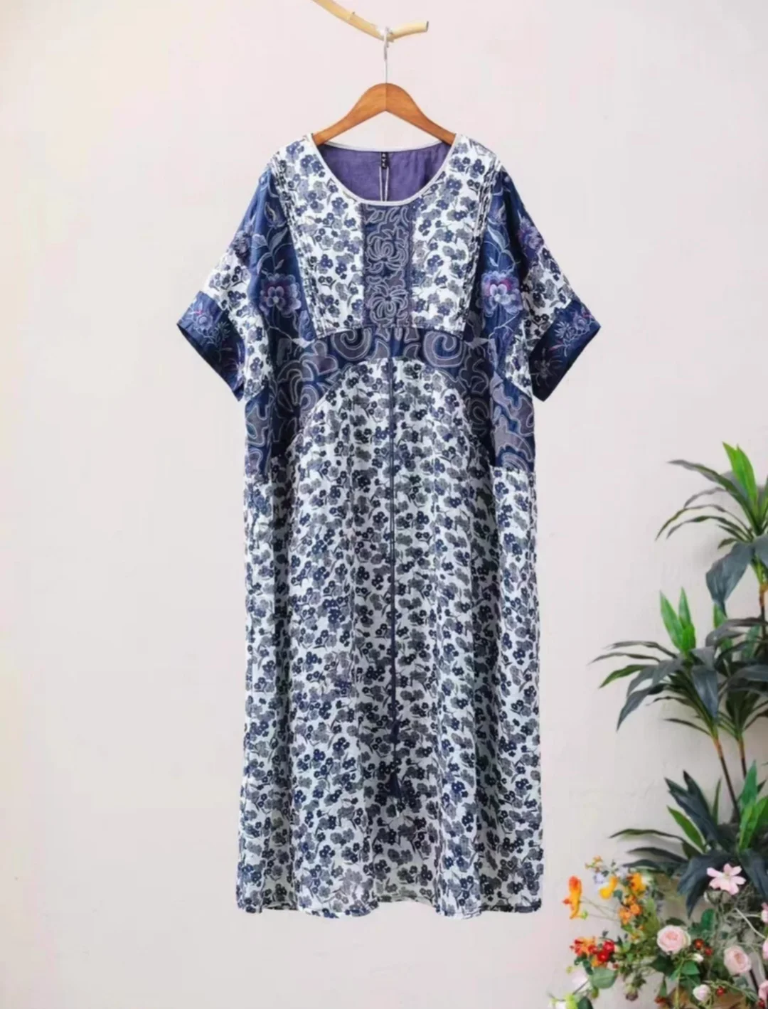 Original robe dresses 100% linen blue floral loose Women's summer dress Vintage embroidery Long dresses luxury clothing