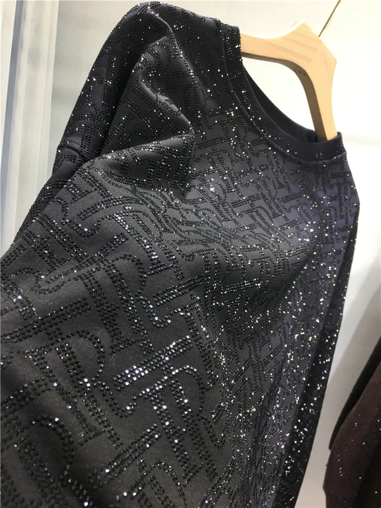 Sweat-shirt polaire à strass pour l'industrie lourde européenne, col rond, lettre ample, mi-long, polyvalent, tendance automne hiver