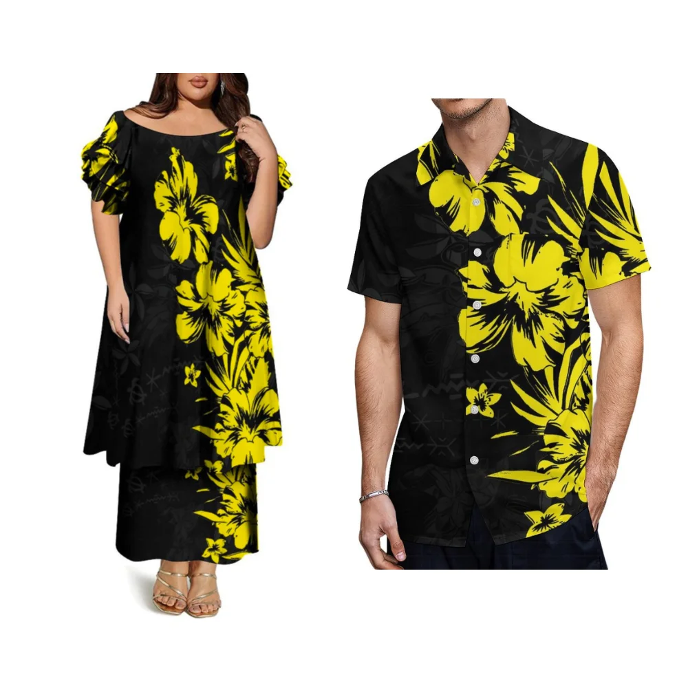 Verão puletasi personalizado casal em torno do pescoço manga borboleta dupla camada saia conjunto polinésia senhoras vestido solto camisa casual