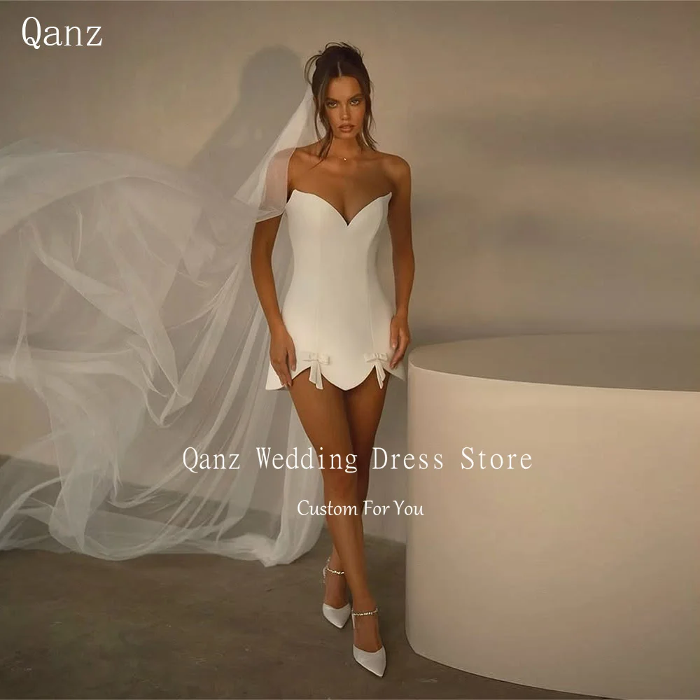 

Qanz Sweetheart Mini Wedding Party Dress Above Knee Vintage Satin Corset Vestidos De Novia With Bow Robe De Mariée Customized