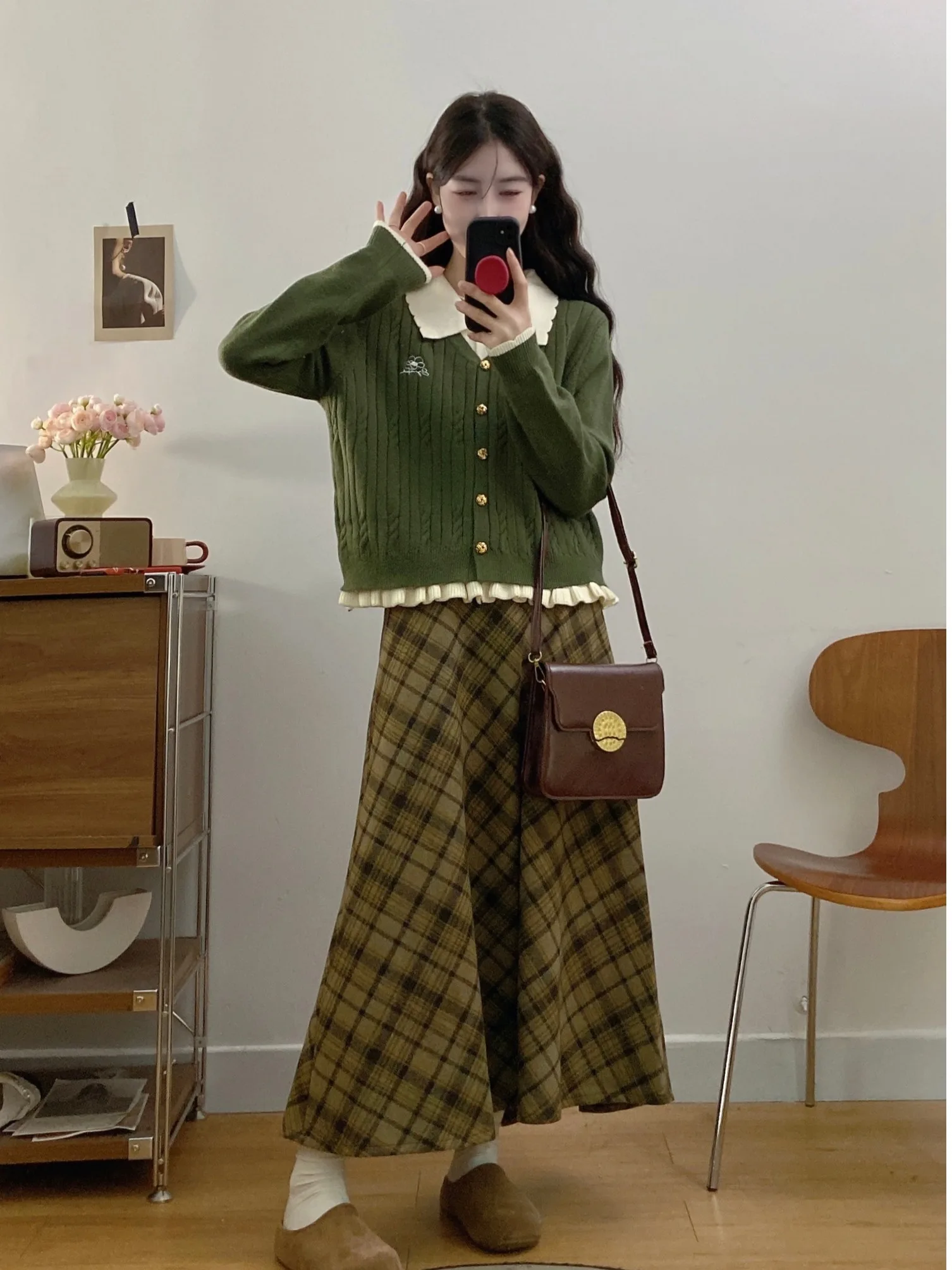 

plus Size Women's Sweater And Skirt Set High Waist A-Line Dr Two-Piece Outfit Korean Sle Long Sve Button Detail