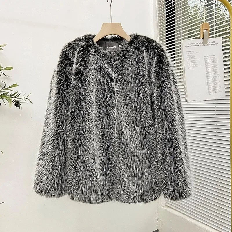 Winter Women's Coat Faux Fur Thick Warm Fox Hair Thick Fluffy Cardigan Plush Solid Color Temperament Round Neck Women's Clothing