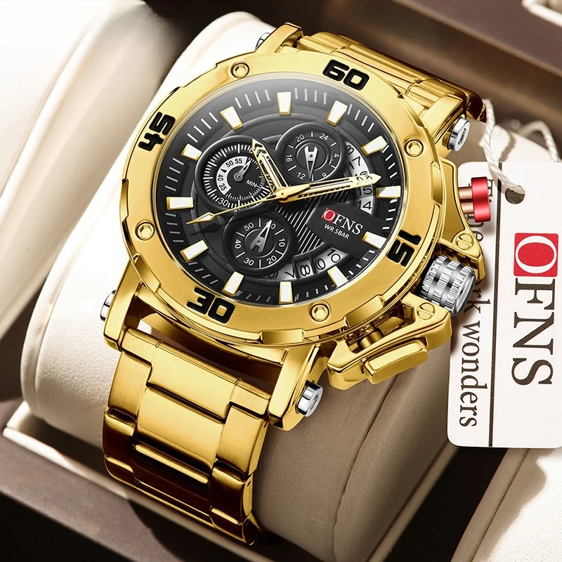 

Кварцевые часы OFNS с тремя циферблатами и шестью стрелками, многофункциональные, со стальным ремешком, мужские, деловые, спортивные, кварцевые часы.