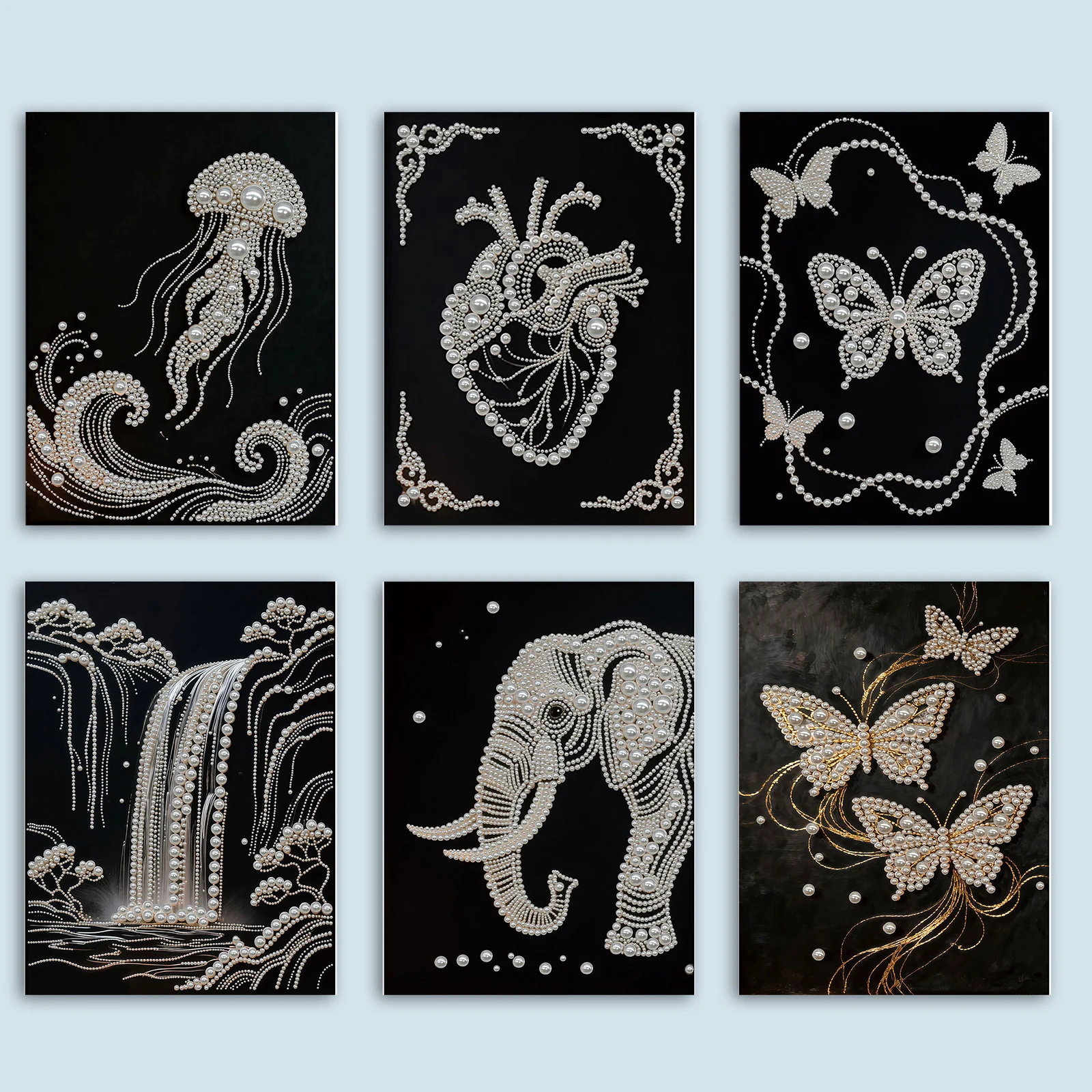 Kits de pintura artística de diamantes con gemas DIY de perlas, medusas/cascada, pinturas de puntos de diamantes, imagen artesanal con marco para decoración del hogar