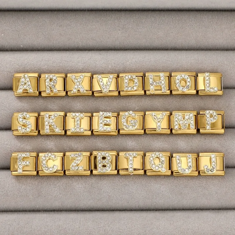 Trendy Italian Charm Bracelet 26 English A-Z Letter Name Custom Golden Zircon DIY Jewelry Making Gift Hand Bangle Chain Jewelrys