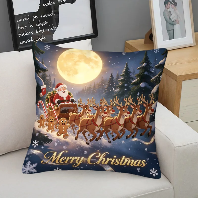 45x45cm 1Pc Square Throw Pillow With Insert,Multi-Scene Decoration,Christmas Gift,Santa Sleigh Reindeer Gingerbread Man HD Print