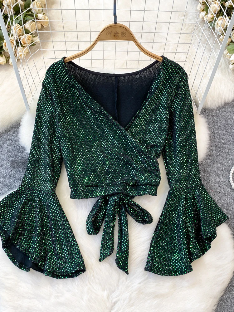 Fashionable Autumn Bell Sleeve V Neck Slim Fit Glitter T Shirt Women's Trendy Top  Knot Belt Short Length Bright Seq...