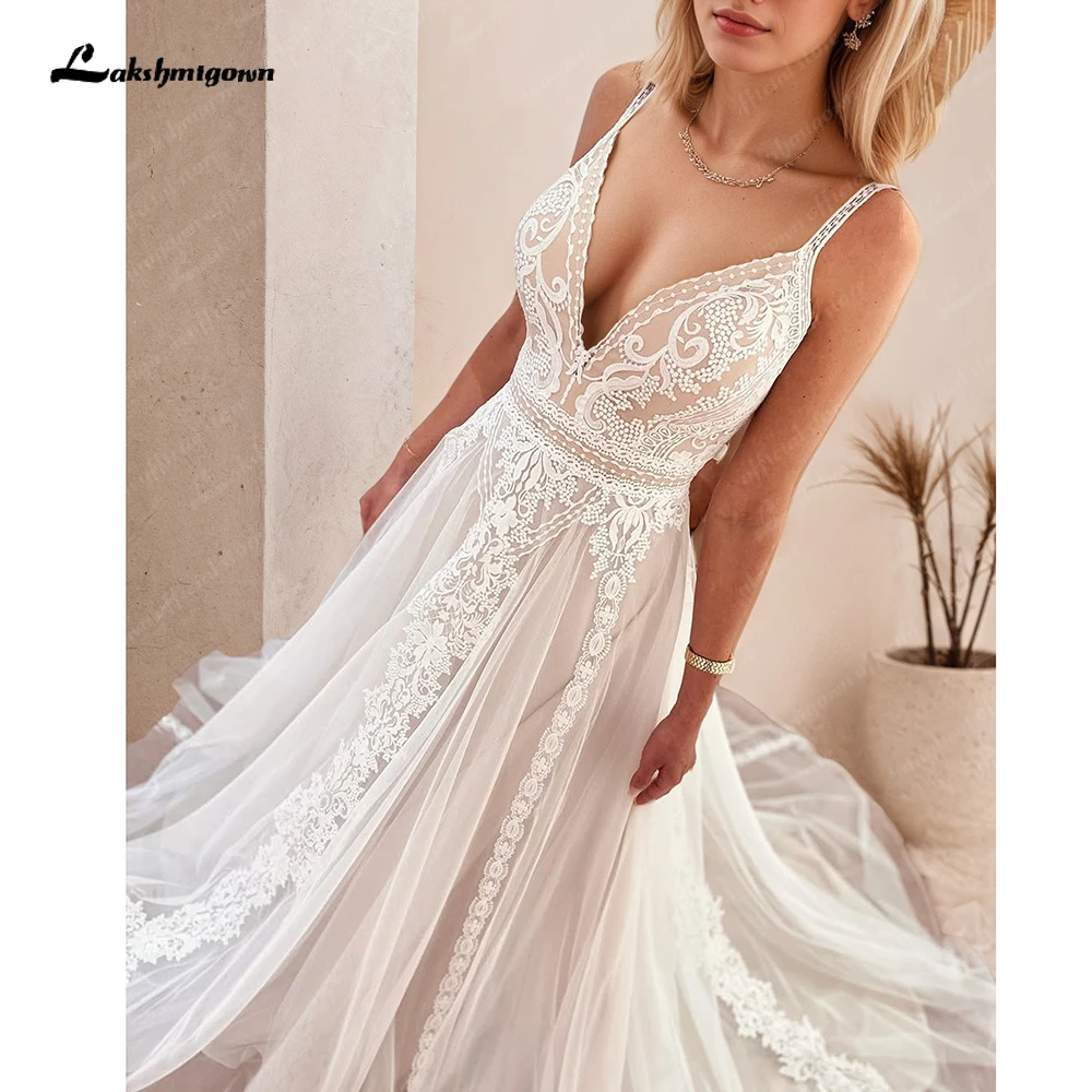 Lakshmigown Plunging V Bohemian Wedding Dress Customized Vestido Noiva Summer A Line Boho Wedding Gown V Neck Lace Open Back image 2