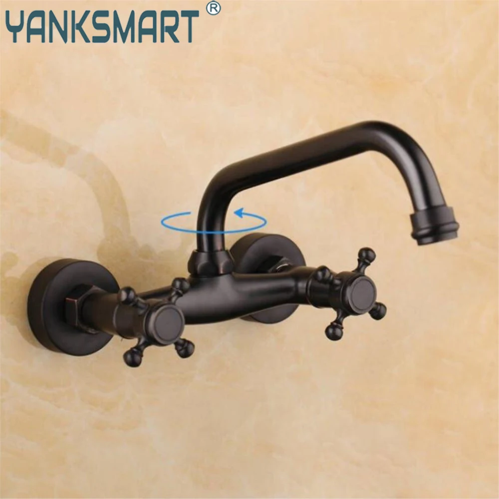 YANKSMART Bathroom Faucet ORB 2 Handles Wall Mounted Basin Vessel Bathtub Torneira 360 Swivel Spout Sink Mixer Water Tap Crane