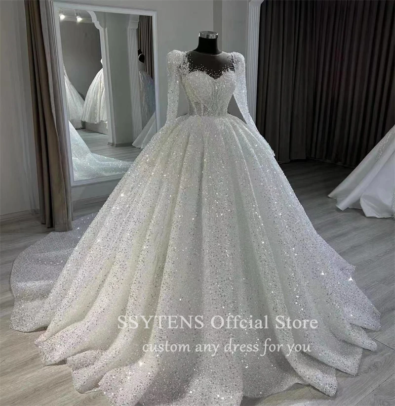 Vestido de baile de luxo vestidos de casamento personalizado 2025 árabe dubai pérolas ilusão mangas compridas vestidos de noiva