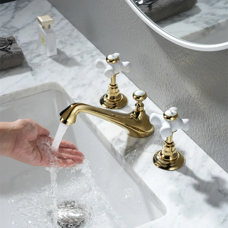 

Tuqiu Gold Basin Faucet Widespread Bathroom Faucet 3 Hole Sink Faucet Mixer Gold/Chrome Hot Cold Ceramic Handle Water Tap