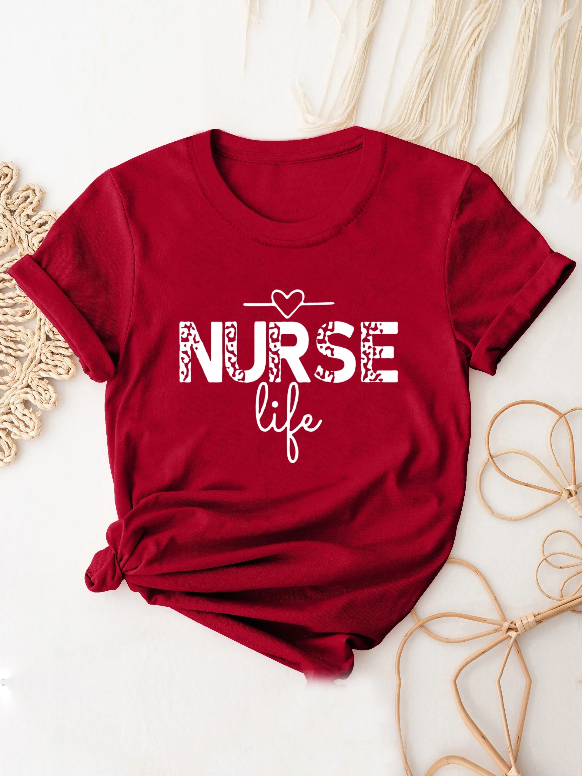 Nurse Life Print T-Shirt, Short Sleeve Crew Neck Casual Top For All Season, Women\'s Clothing casual basics O-collar T-shirt