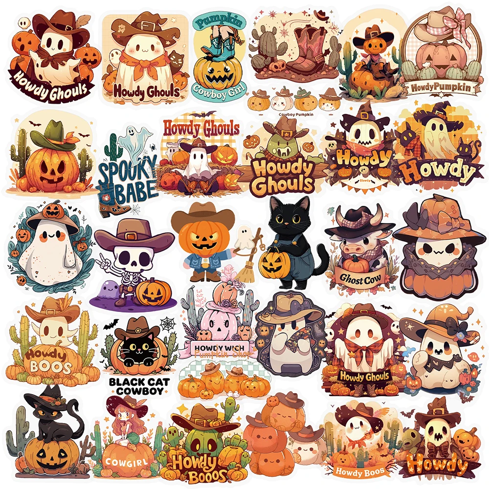 

10/30/50pcs Cartoon Halloween Cowboy Theme Stickers Cute Pumpkin Ghost Decals for Notebook Phone Transparent PET Sticker Kid Toy