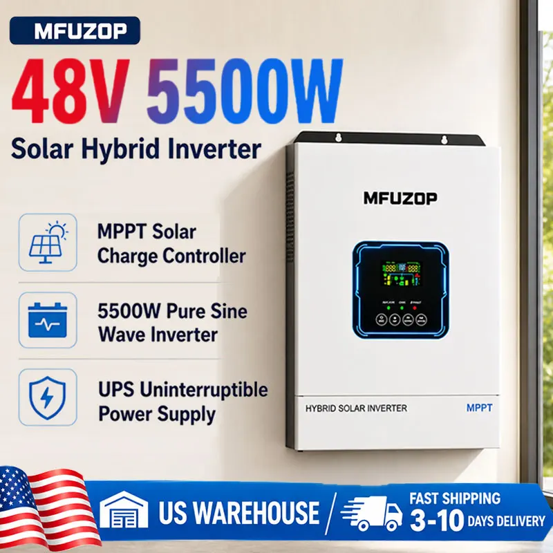 MFUZOP 5500W 48V Solar Hybrid Inverter Pure Sine Wave 48V DC to 110V‑120V AC with MPPT RS485 RS232 Off Grid Home Solar Emergency Backup Power  US Warehouse