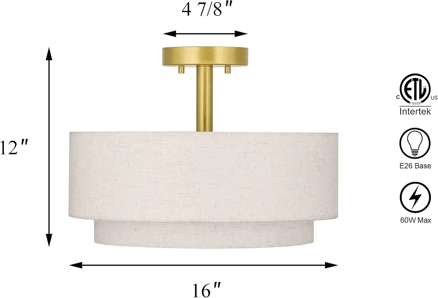 Xinbei Lighting 3 Light Semi Flush Mount Light, Close To Ceiling Light Fixture With Fabric Shade Retro Gold Brass 16 Inch Semi