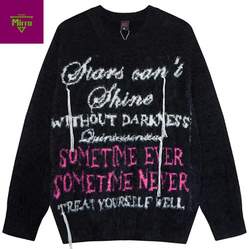 

Tassel Letter Y2K Sweaters Streetwear Harajuku Hip Hop Oversized Men Sweaters Beige Loose Casual Knit Jumper Knitwear