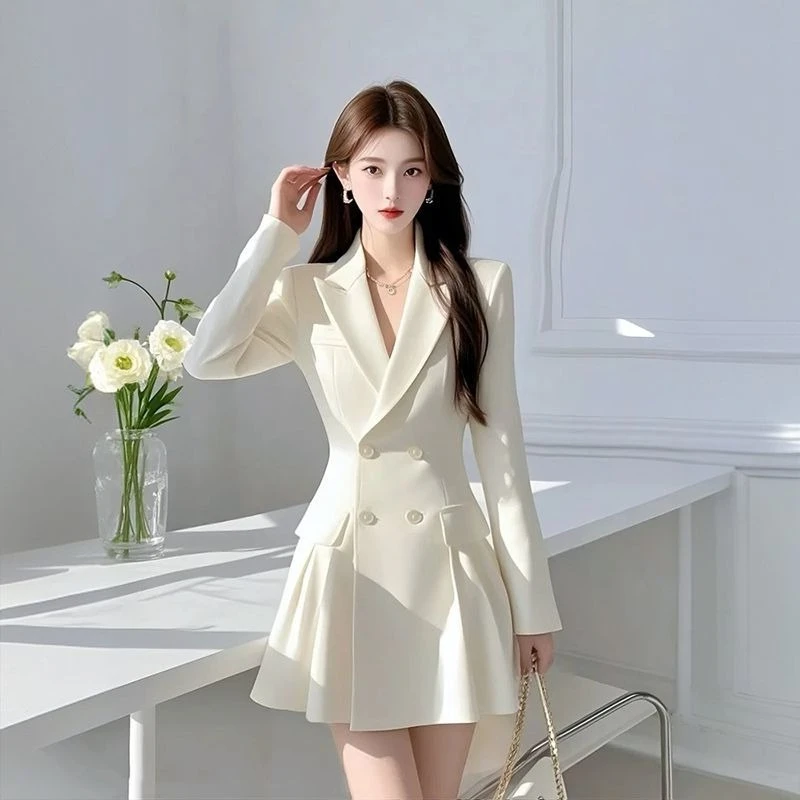 2025 봄 블레이저 드레스 - 여성용 벨트 허리 숏 오피스 드레스, 우아한 프로페셔널 미니 드레스, 트렌디한 라펠 드레스