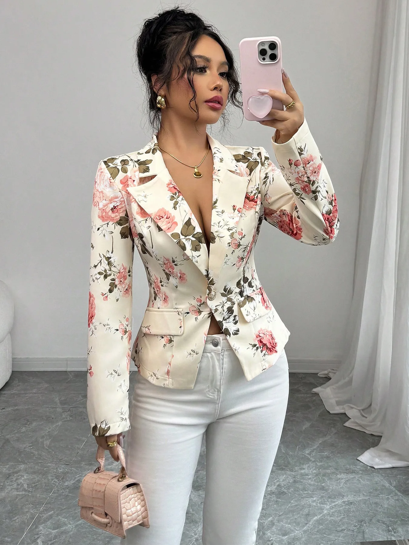 Fashion Floral Bedruckte Blazer Jacke Frauen Chic Revers Langarm Einreiher Mantel Dame Herbst Täglichen Highstreet Oberbekleidung