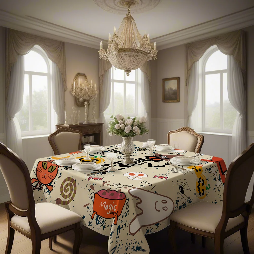 One polyester square tablecloth with a Halloween-themed cartoon element print design.