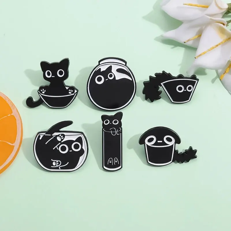 7Pcs/Cute Cat Enamel Pins Custom Black Kitten Terrarium Brooches Lapel Badges Cartoon Animal Jewelry Gift for Kids Friends