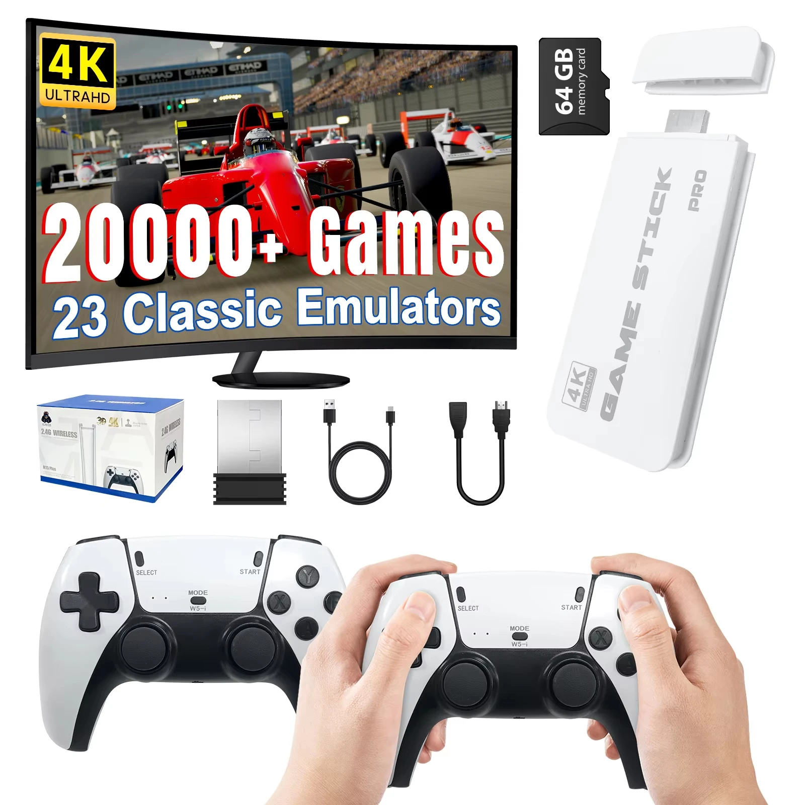 4K TV 게임 스틱 M15 비디오 게임 콘솔 64G 내장 20000가지 게임 무선 컨트롤러 게임패드 레트로 휴대용 게임 콘솔